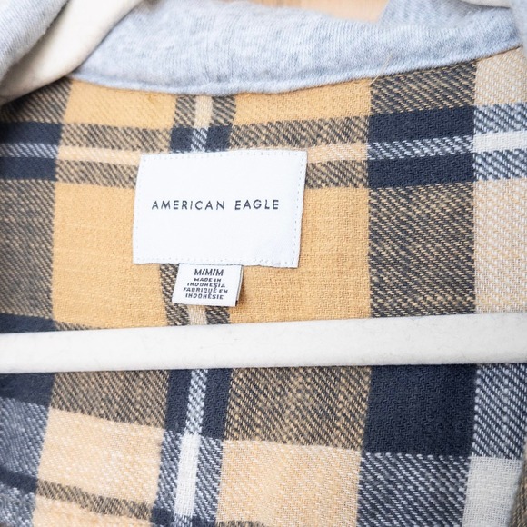 Y2K American Eagle Womens Hooded Flannel Shirt Sz M Yellow Plaid Grunge Gorpcore - Picture 4 of 7